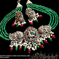 N0100_Classy Matte Silver Oxidized crafted choker Necklace with delicate work of Emerald Green crystals