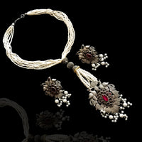 N0101_Classy Matte Silver Oxidized crafted choker Necklace with delicate work of fuscia pink stones and small pearls