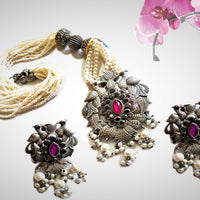 N0101_Classy Matte Silver Oxidized crafted choker Necklace with delicate work of fuscia pink stones and small pearls