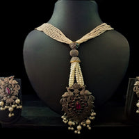 N0101_Classy Matte Silver Oxidized crafted choker Necklace with delicate work of fuscia pink stones and small pearls