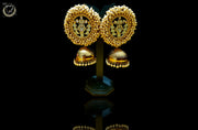 E0114_Gorgeous  Golden color Meenakari jumkas with a delicate Meenakari work embellished with pearls and pale green semi precious stones.