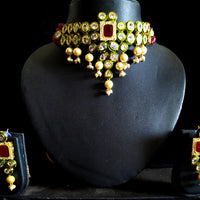 N060_Classy Layered Kundan Necklace studded with dazzling White and bright Square shaped Red stones with a touch of  pearls.