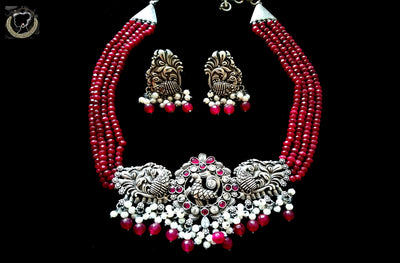 N065_Classy Matte Silver Oxidized crafted choker Necklace with delicate work of fuchsia pink stones and small pearls.