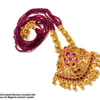 N018_Elegant Micro Gold plated Necklace studded with precious pink ruby stones & Magenta colored crystals