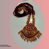 N018_Elegant Micro Gold plated Necklace studded with precious pink ruby stones & Magenta colored crystals