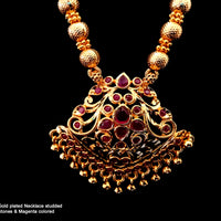 N018_Elegant Micro Gold plated Necklace studded with precious pink ruby stones & Magenta colored crystals