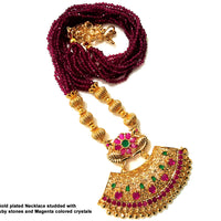 N022_Elegant Micro Gold plated Necklace studded with precious pink & green ruby stones & Magenta colored crystals