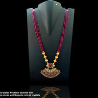 N022_Elegant Micro Gold plated Necklace studded with precious pink & green ruby stones & Magenta colored crystals