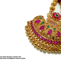 N022_Elegant Micro Gold plated Necklace studded with precious pink & green ruby stones & Magenta colored crystals