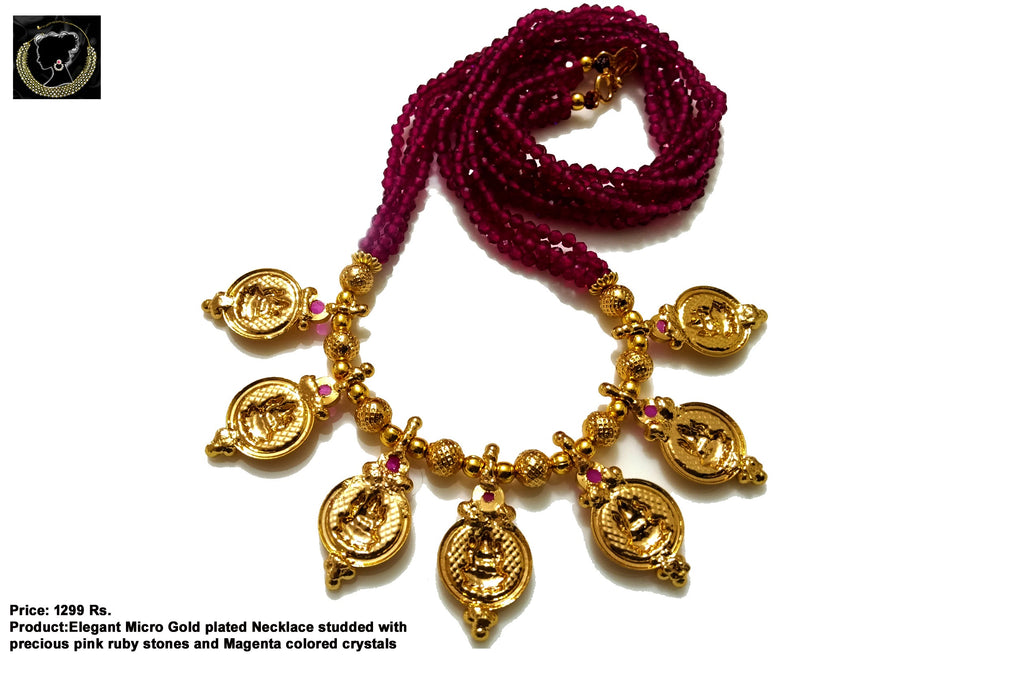 N024_Elegant Micro Gold plated Necklace studded with precious pink  ruby stones & Magenta colored crystals