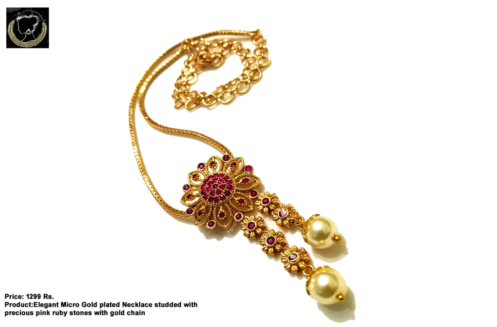 N027_Elegant Micro Gold plated Necklace studded with precious pink ruby stones with gold chain