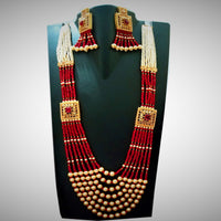 N040_Classy Style Stunning Long Multilayered ‘Raani Haar’ Necklace set with off white pearls and red crystal drops & studded with American Diamond stones.