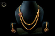 N056_Elegant Micro Gold plated Double Layered Necklace studded with American Diamond & Semi Precious pink Ruby stones