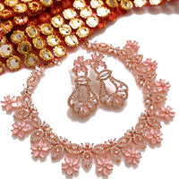 N0541_Elegant flower design choker necklace embellished with american diamond stones with a touch of pink stones.