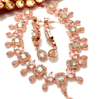 N0542_Elegant flower design choker necklace embellished with american diamond stones with a touch of sea green stones.