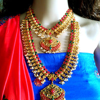 N0140_Gorgeous Micro Gold matte polish Temple jewelry necklace set studded with pink & green semi precious stones.