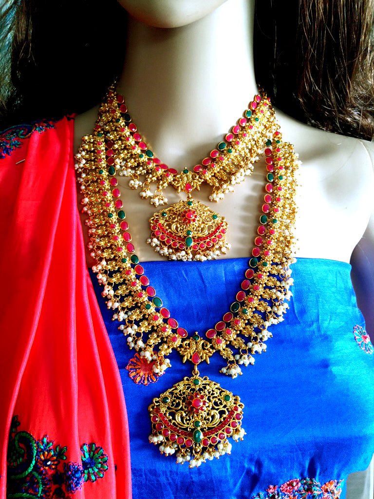 N0140_Gorgeous Micro Gold matte polish Temple jewelry necklace set studded with pink & green semi precious stones.